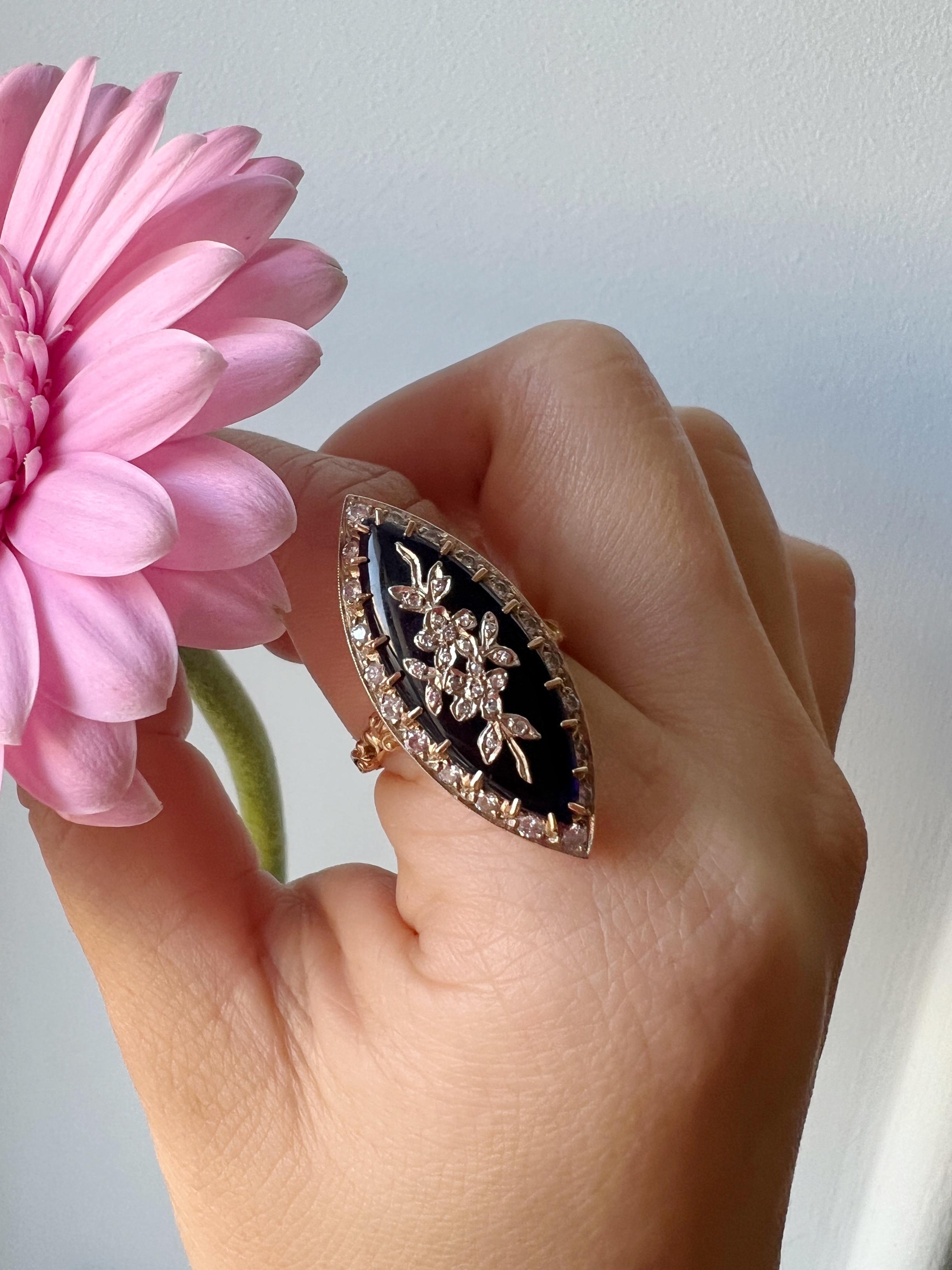 Georgian 18K Gold Blue Glass Diamond Flower Marquise Ring