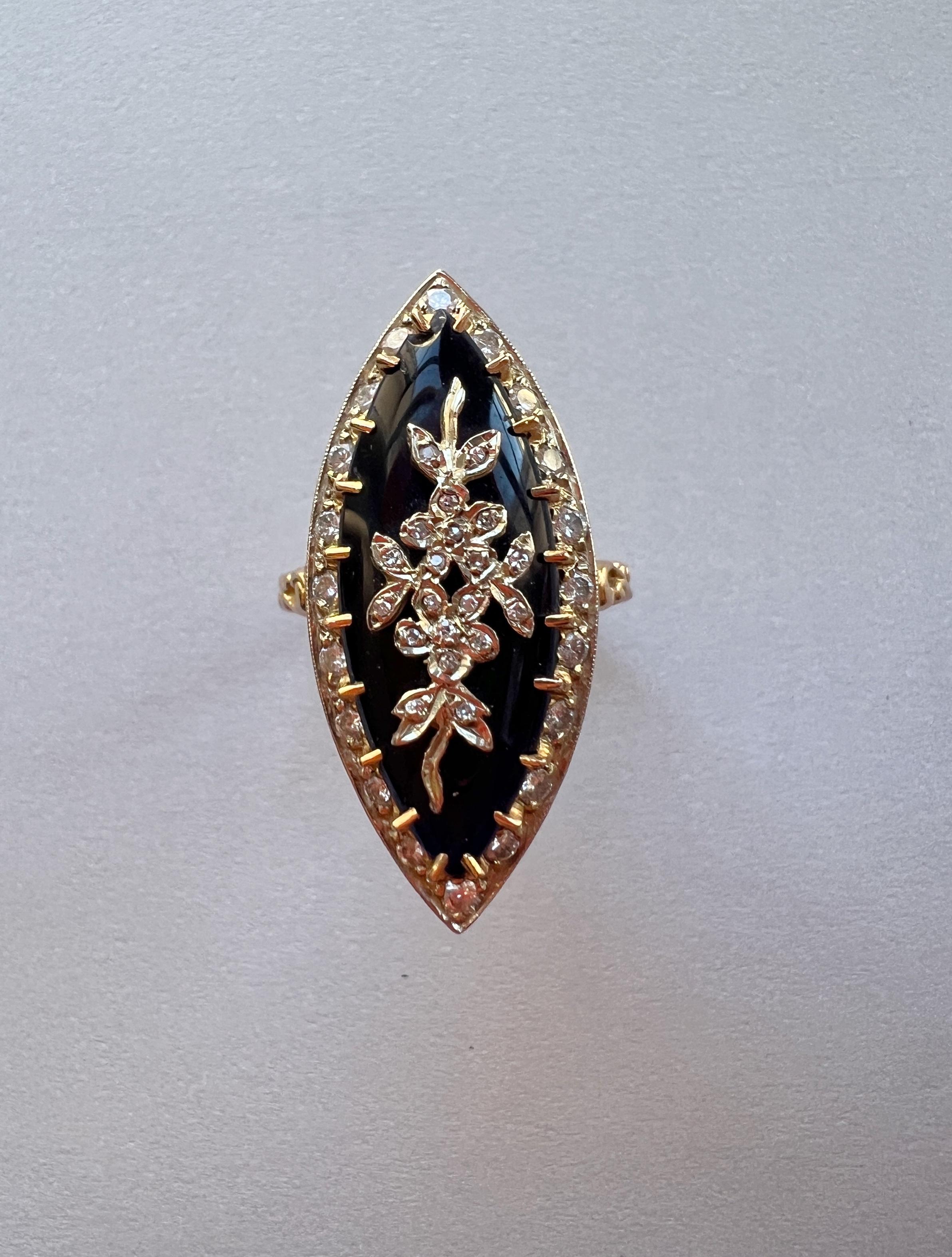 Women's 18K Gold Blue Glass Diamond Flower Marquise Ring
