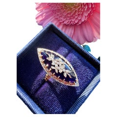 18K Gold Blue Glass Diamond Flower Marquise Ring