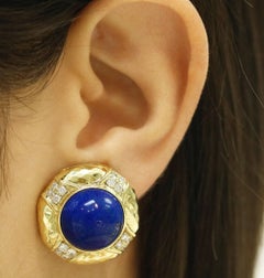 18K Gold Blue Lapis Lazuli Diamond Clip-On Earrings Natural Gem Clip-On Earring