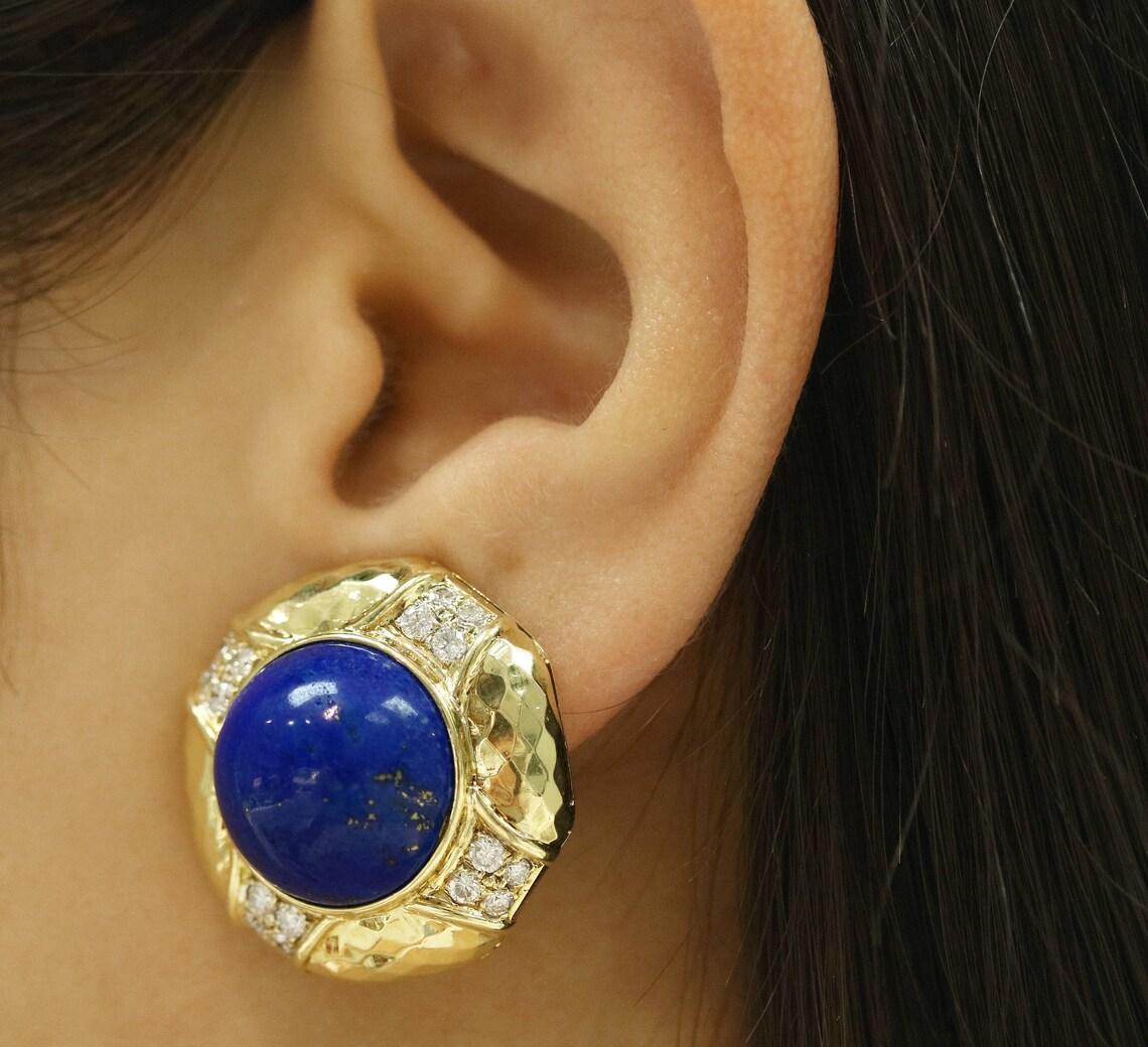 Modern 18K Gold Blue Lapis Lazuli Diamond Clip-On Earrings Natural Gem Clip-On Earring For Sale