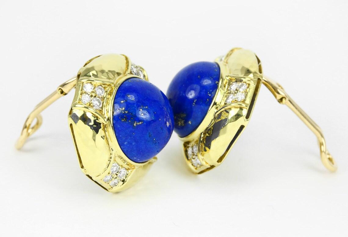 Round Cut 18K Gold Blue Lapis Lazuli Diamond Clip-On Earrings Natural Gem Clip-On Earring For Sale