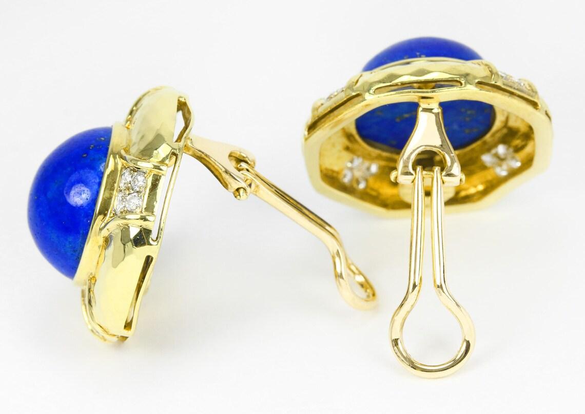 18K Gold Blue Lapis Lazuli Diamond Clip-On Earrings Natural Gem Clip-On Earring In New Condition For Sale In Jupiter, FL