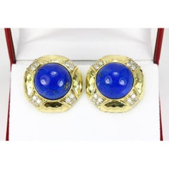 Pendientes de clip con diamante lapislázuli azul de oro de 18 quilates Pendiente de clip con gema natural