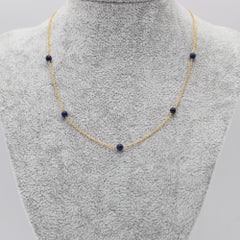18k Gold blue Lapis Lazuli Necklace - Vintage Beaded Chain, French Hallmark