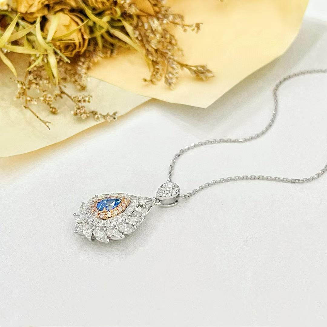 Modern 18K Gold 0.32ct Pear-Cut Blue Diamond Necklace with Marquise-Cut & Pink Diamond For Sale