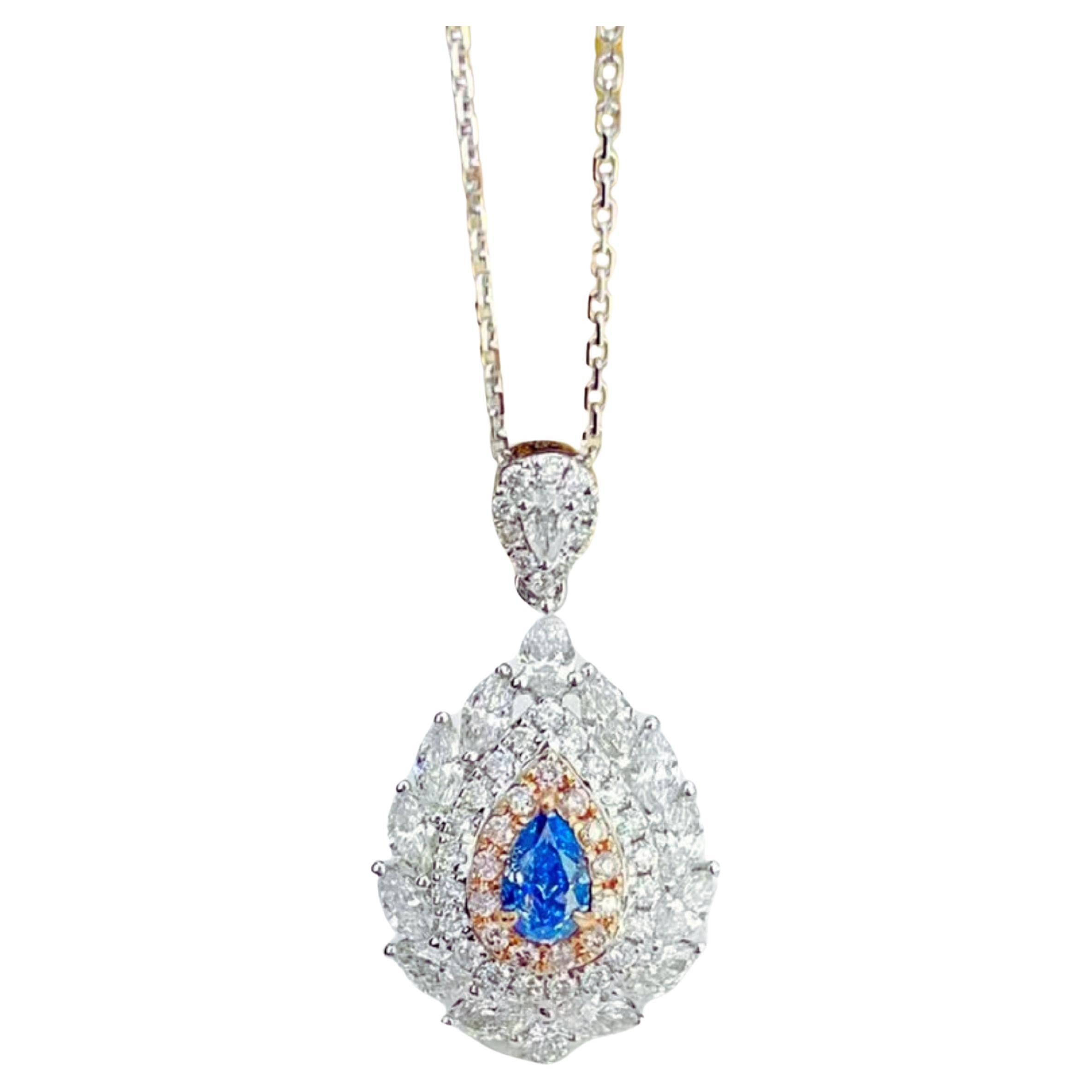 18K Gold 0.32ct Pear-Cut Blue Diamond Necklace with Marquise-Cut & Pink Diamond