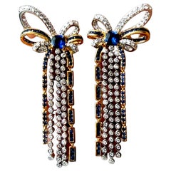 18K Gold Blue Sapphire and Diamond Ribbon Cascade Earrings, 3.40ct
