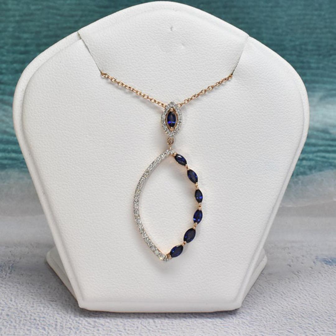 Modern 18K Gold Blue Sapphire Diamond Necklace Diamond Marquise Blue Sapphire For Sale