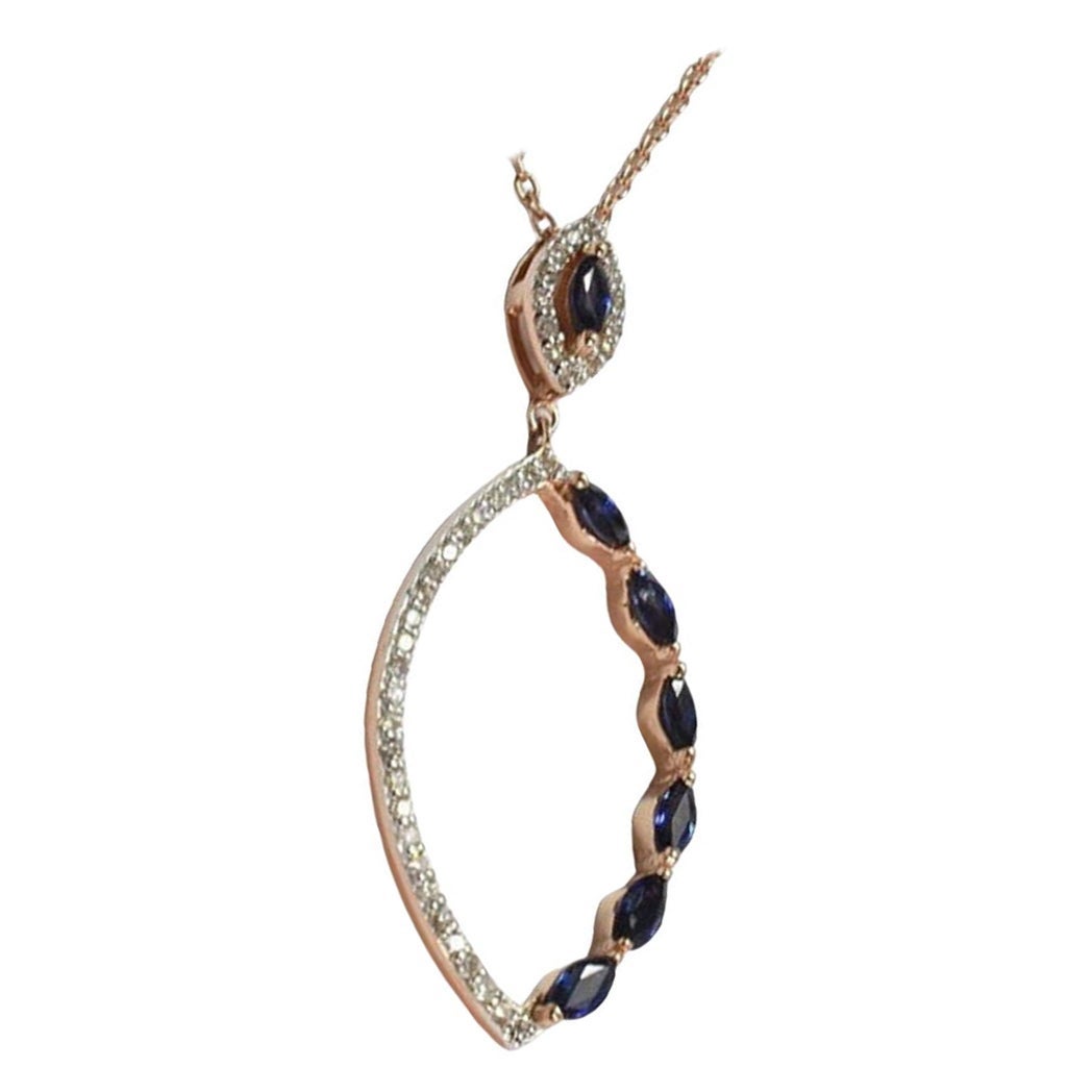 Collana di diamanti con zaffiro blu in oro 18 carati Diamante marquise zaffiro blu in vendita