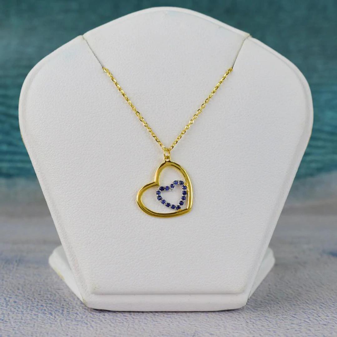 Women's or Men's 18k Gold Blue Sapphire Necklace Dainty Heart Necklace For Sale