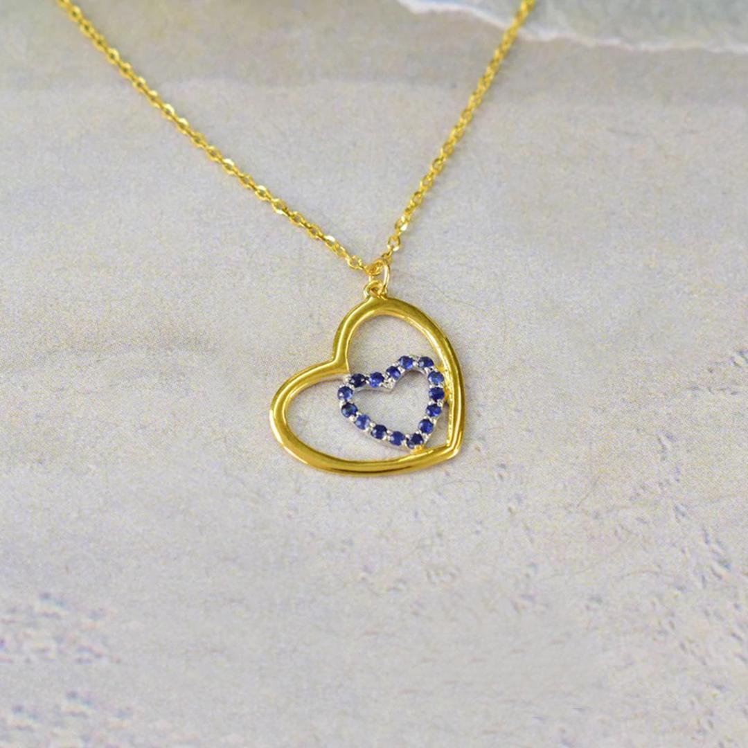 18k Gold Blue Sapphire Necklace Dainty Heart Necklace For Sale 1