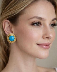 18K Gold Blue Smithsonite Clip On Earrings Handmade in Italy, 1980s