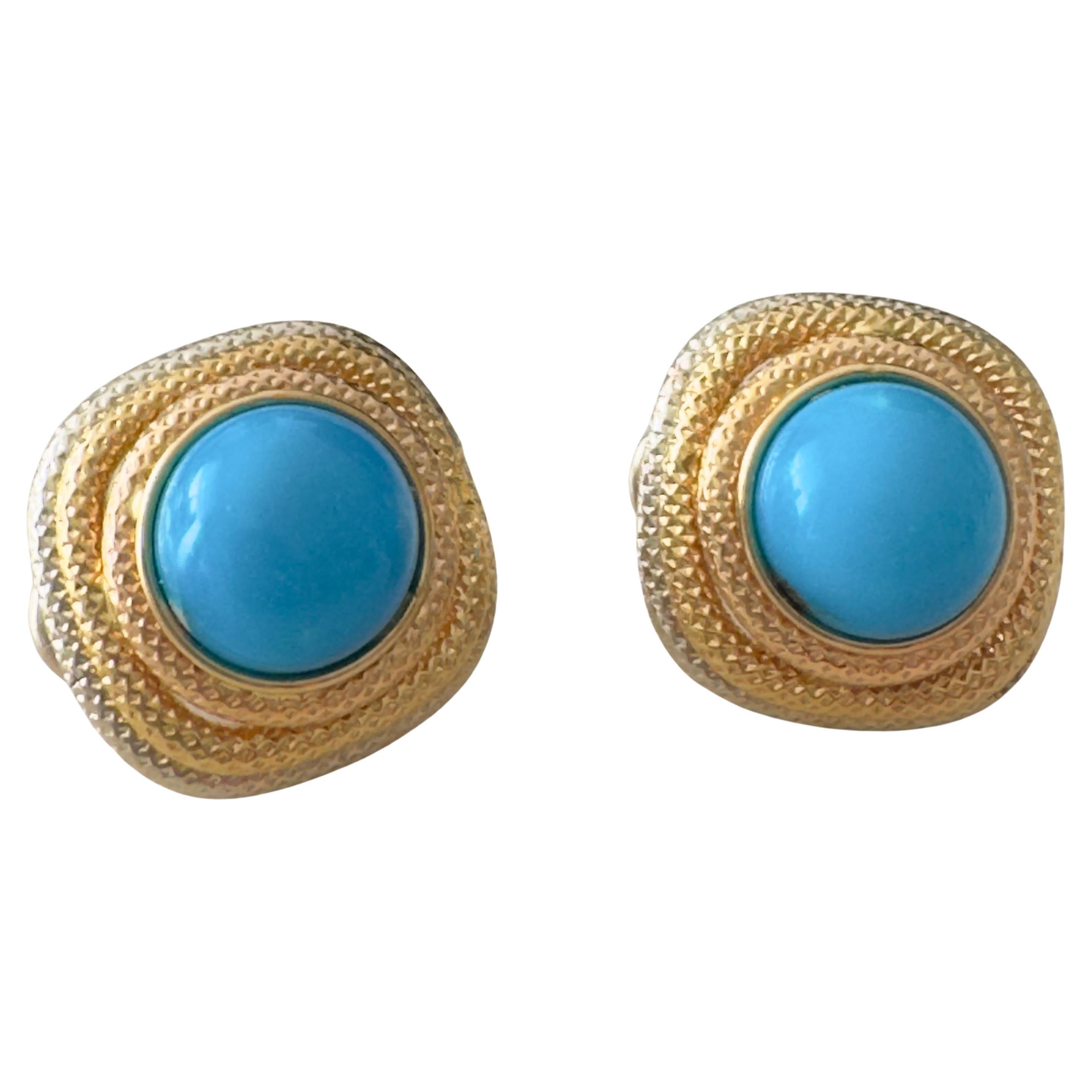 18K Gold Blue Smithsonite Clip On Earrings