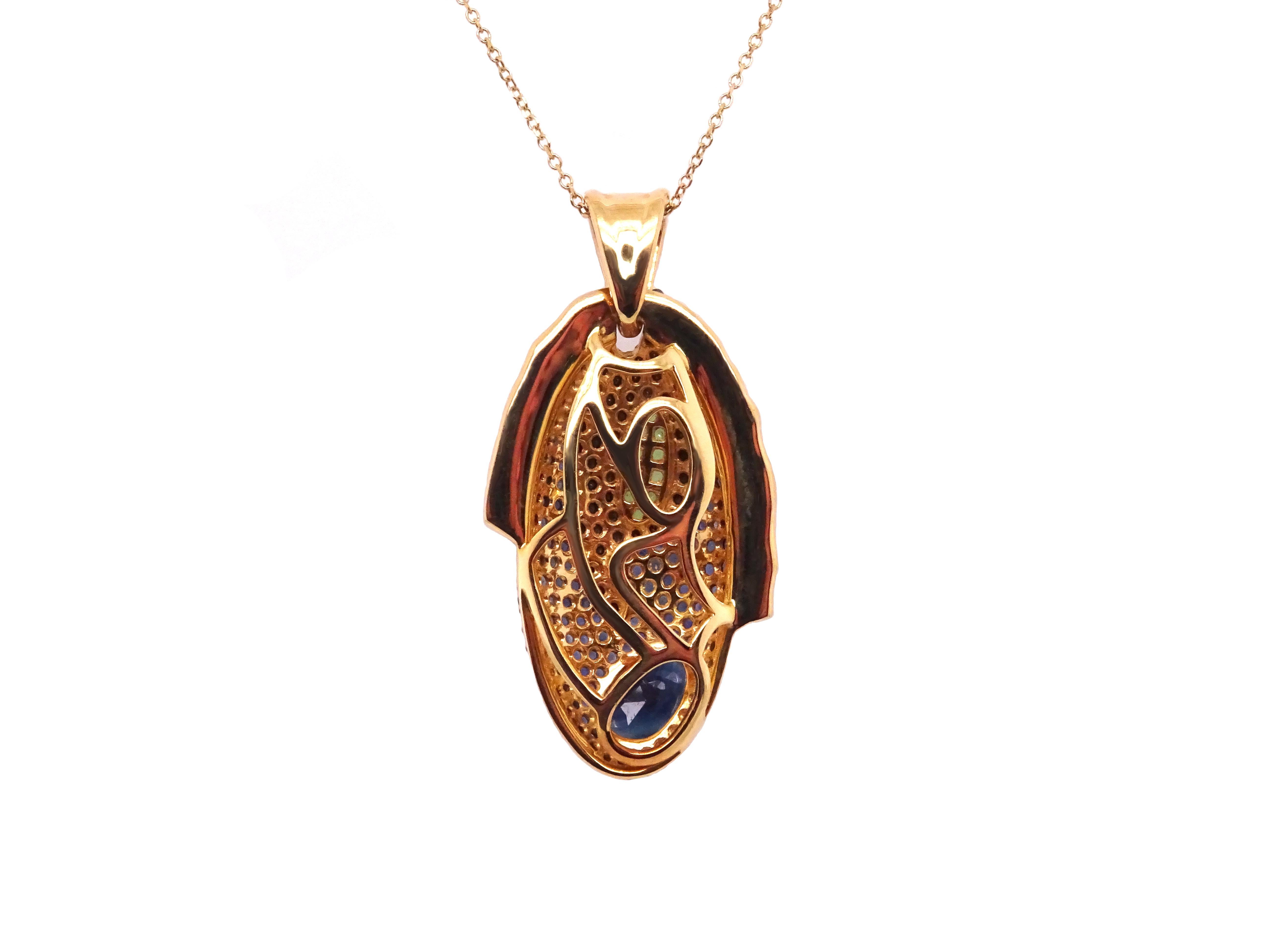 18 Karat Gold Blauer Tang-Anhänger mit Diamanten, Saphiren und Tsavorit Damen