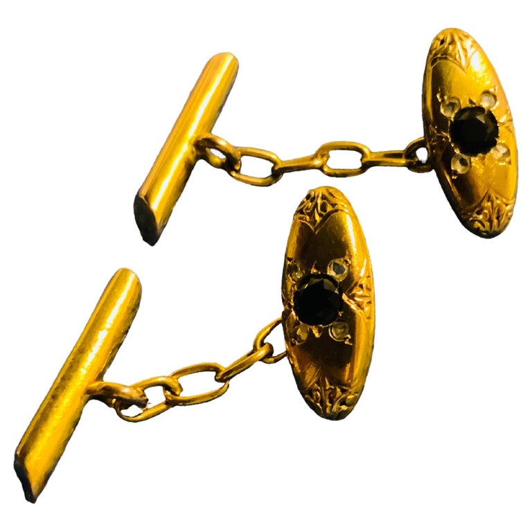 18k Gold Blue Topaz Diamonds and Sapphires Chain Link Pair of Cufflinks