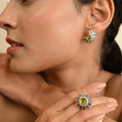 Blue Topaz Tapered Baguette Peridot Cabochon Gold Pendant Earrings Set