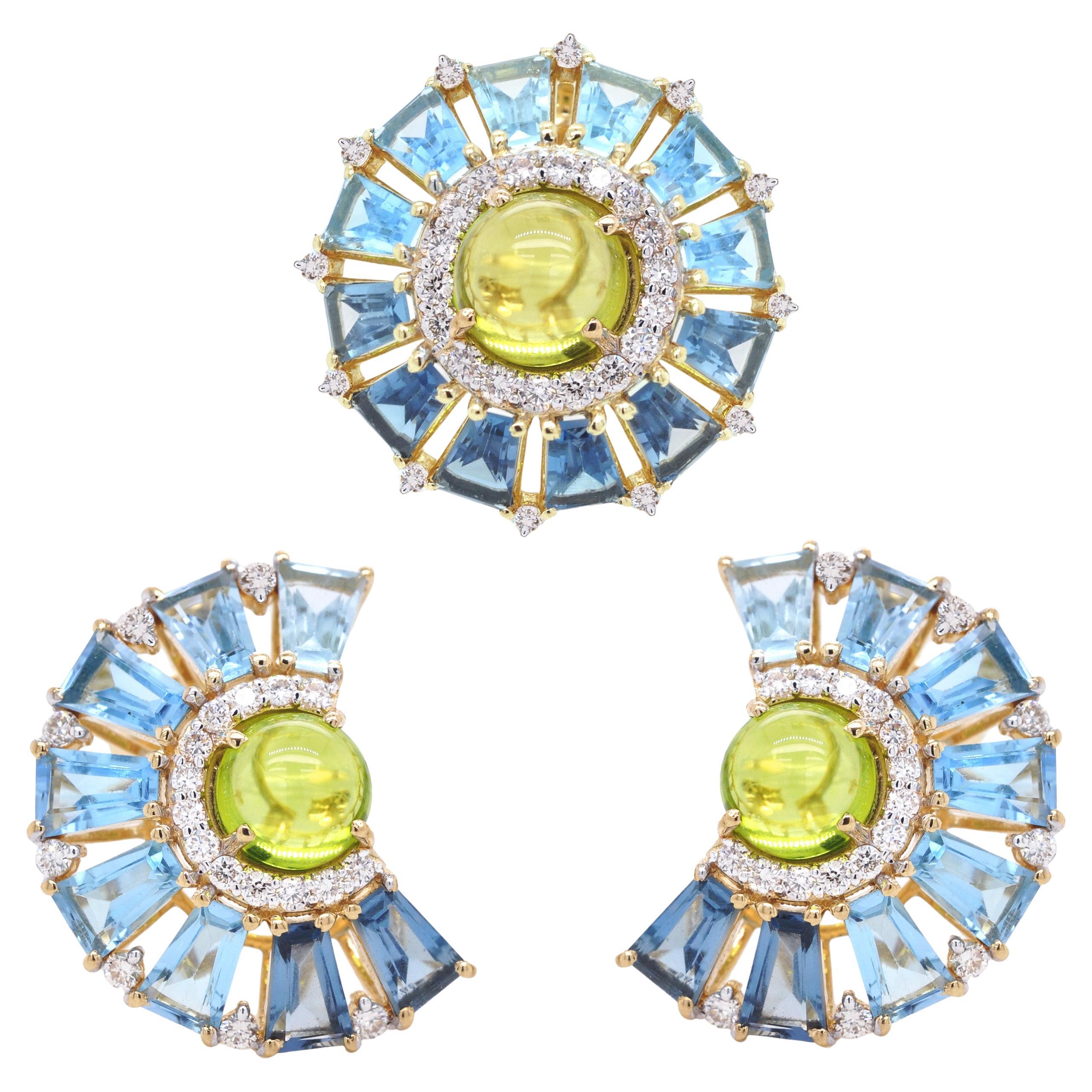 18k Gold Blue Topaz Tapered Baguette Peridot Cabochon Pendant Earrings Set