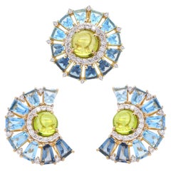 18k Gold Blue Topaz Tapered Baguette Peridot Cabochon Pendant Earrings Set