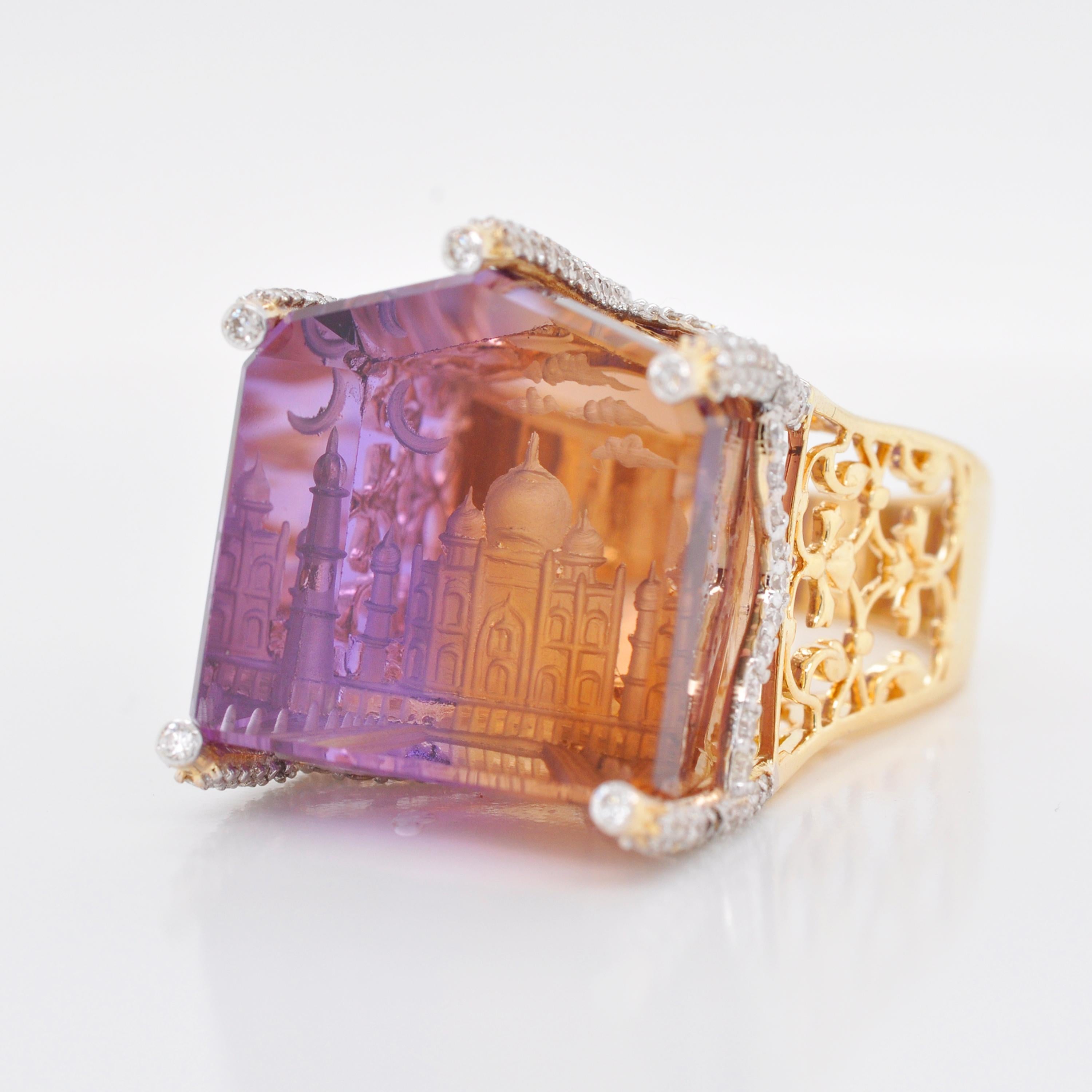 18K Gold Bolivian Ametrine Hand-Carved Taj Mahal Intaglio Diamond Cocktail Ring For Sale 1