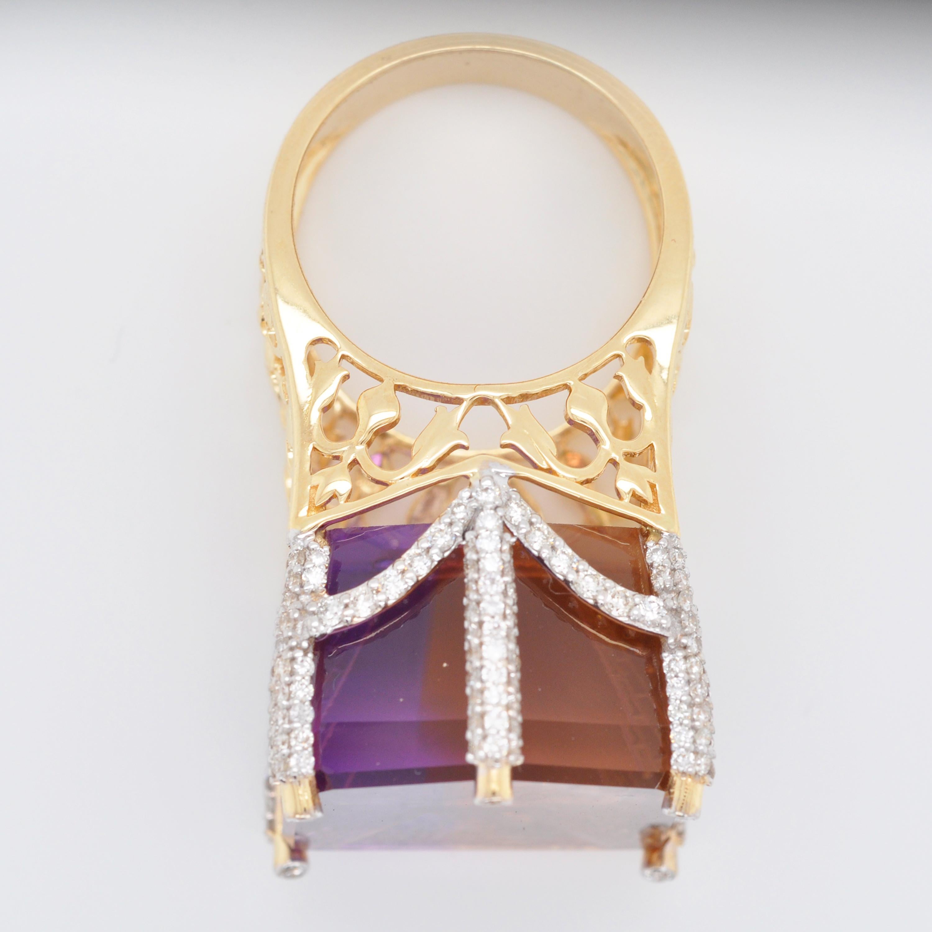 18k Gold Bolivian Ametrine Taj Mahal Intaglio Undercarving Diamond Cocktail Ring For Sale 2