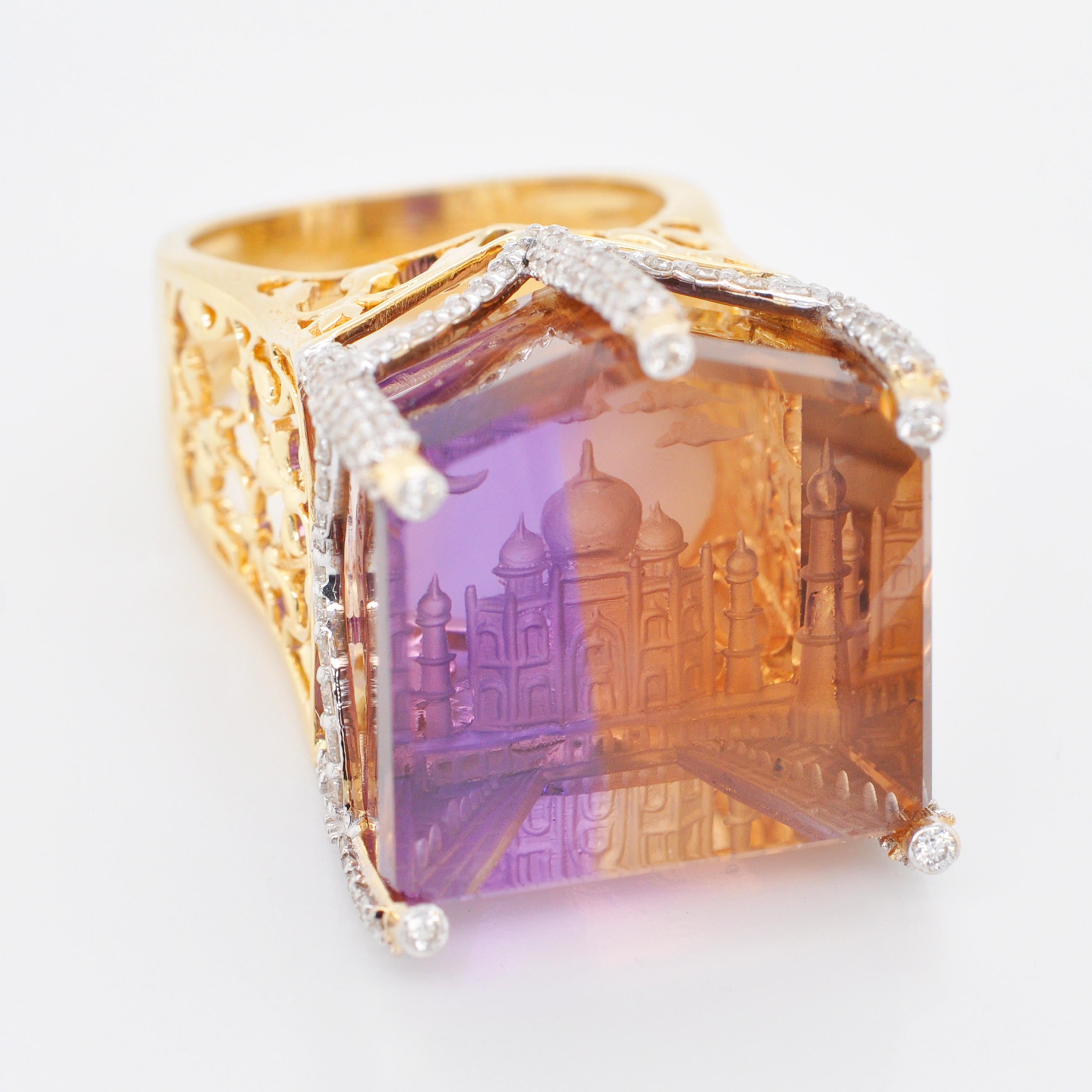 18k Gold Bolivian Ametrine Taj Mahal Intaglio Undercarving Diamond Cocktail Ring For Sale 3