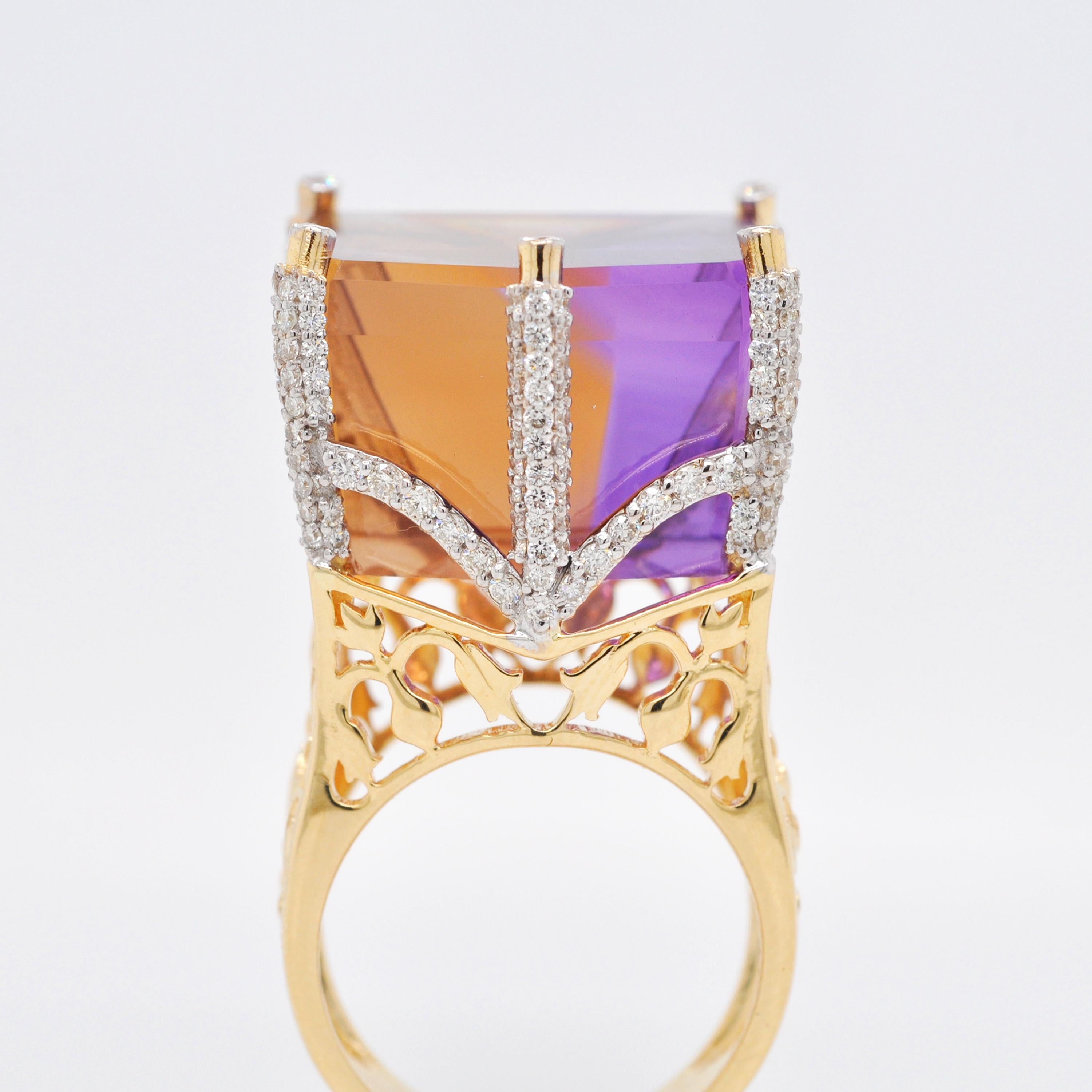 Romantic 18k Gold Bolivian Ametrine Taj Mahal Intaglio Undercarving Diamond Cocktail Ring For Sale
