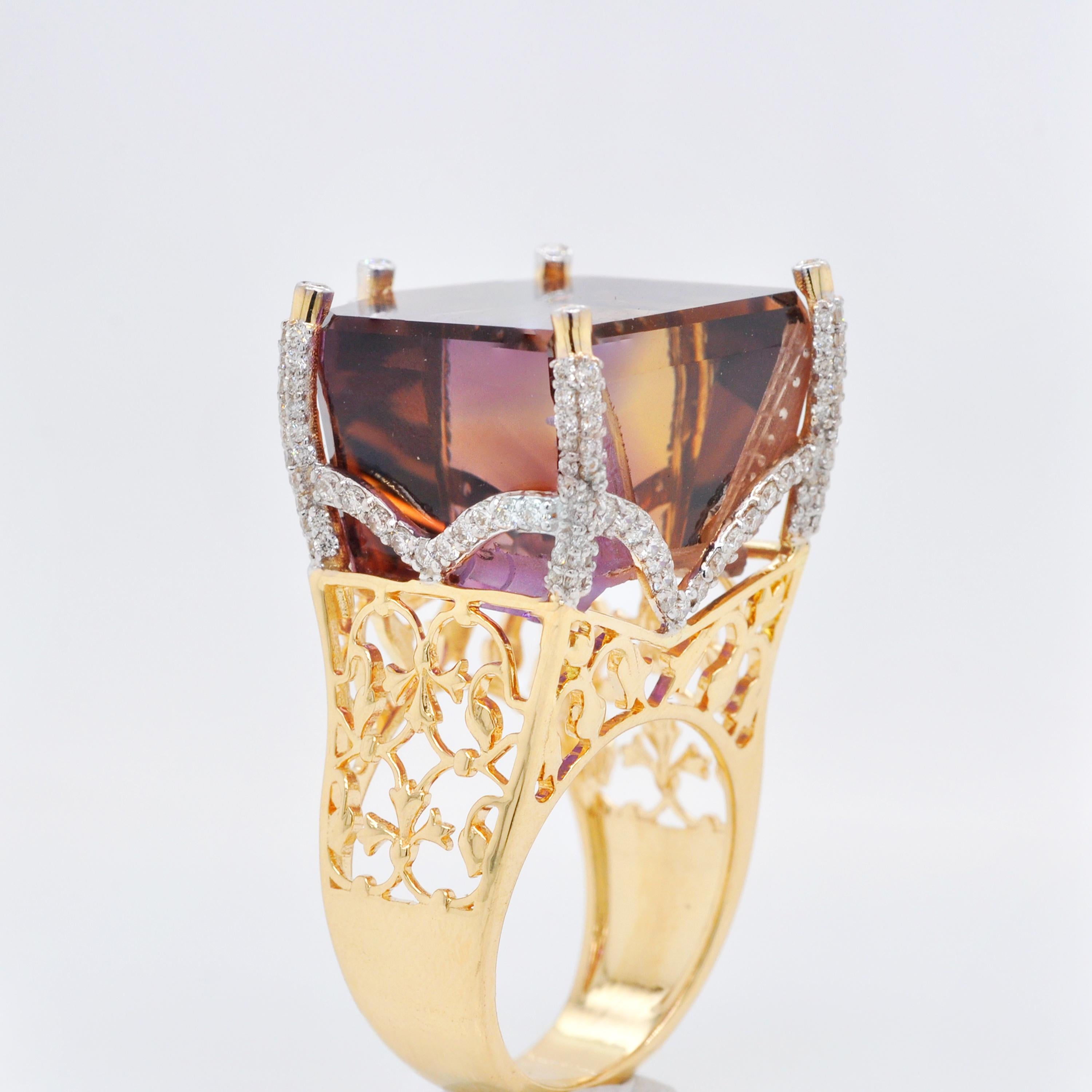 Mixed Cut 18K Gold Bolivian Ametrine Hand-Carved Taj Mahal Intaglio Diamond Cocktail Ring For Sale