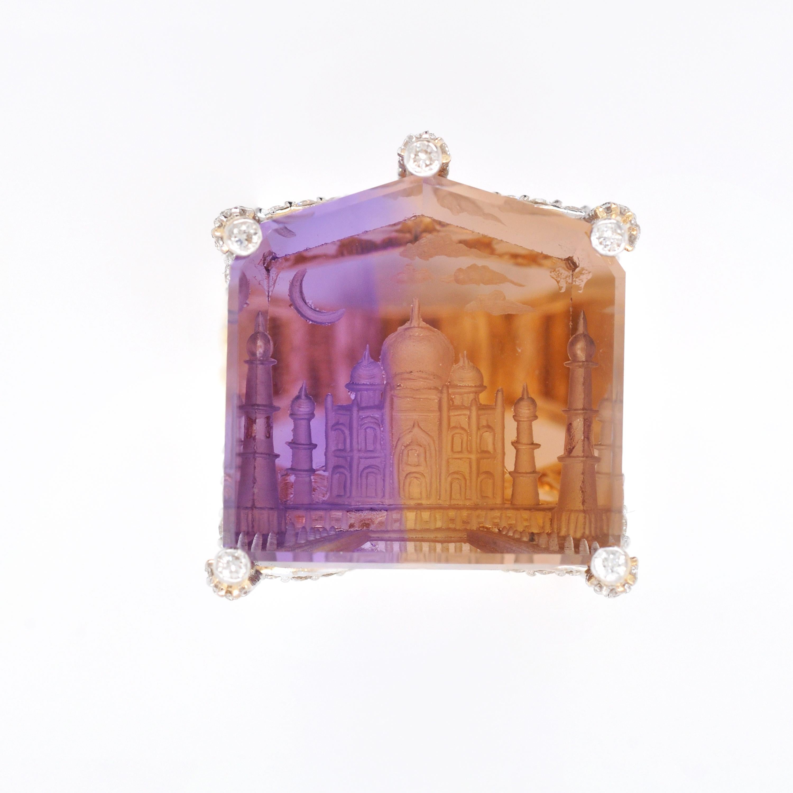 Women's 18K Gold Bolivian Ametrine Hand-Carved Taj Mahal Intaglio Diamond Cocktail Ring For Sale