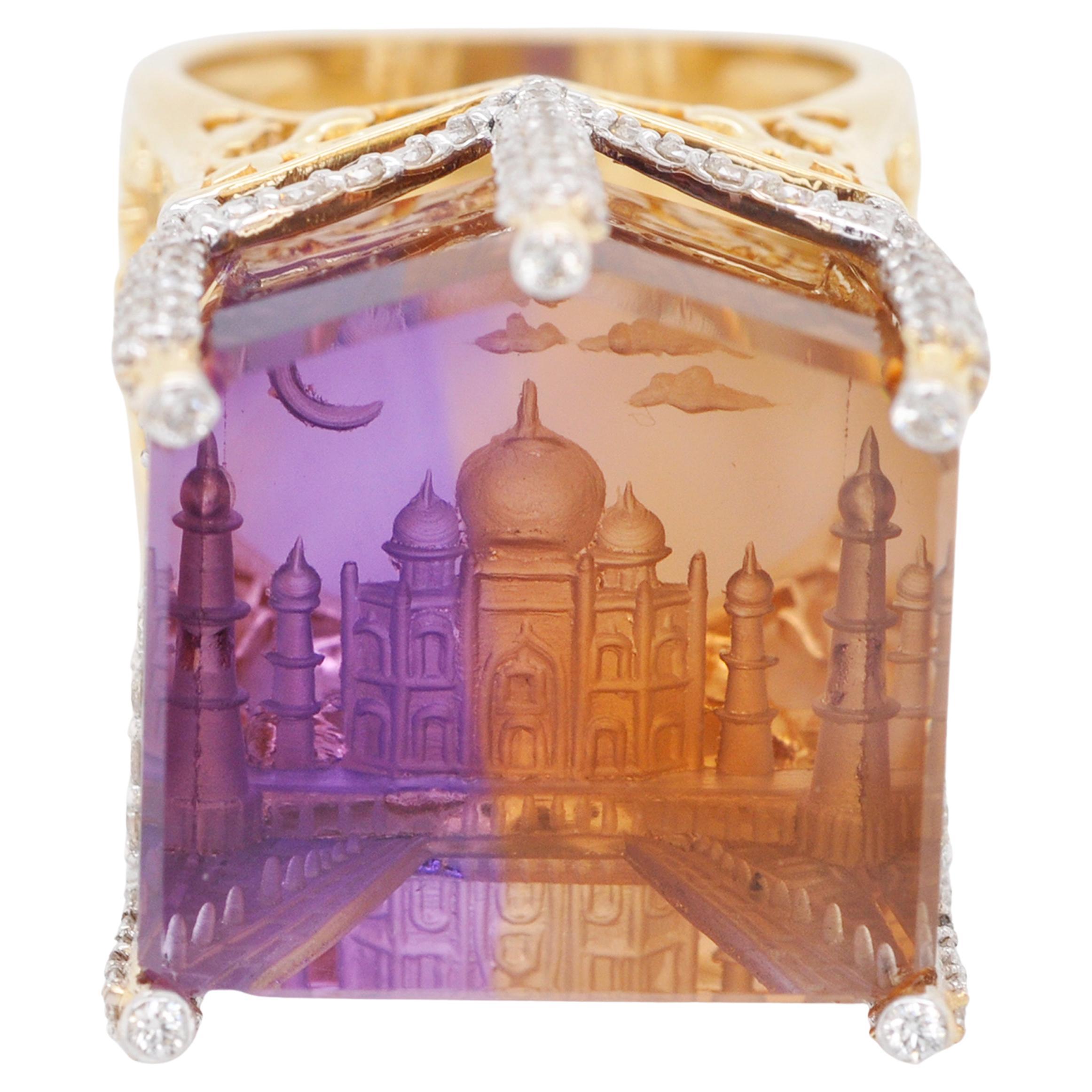 18K Gold Bolivian Ametrine Hand-Carved Taj Mahal Intaglio Diamond Cocktail Ring For Sale