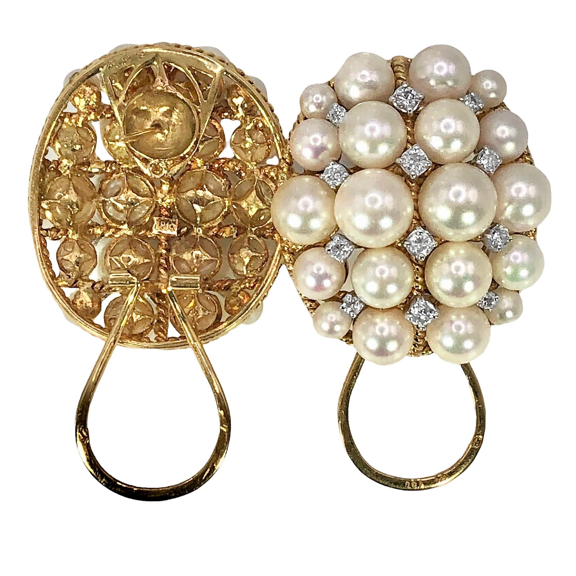 Modern 18k Gold Bombe Pearl and Diamond Cocktail Earrings Imported to France For Sale