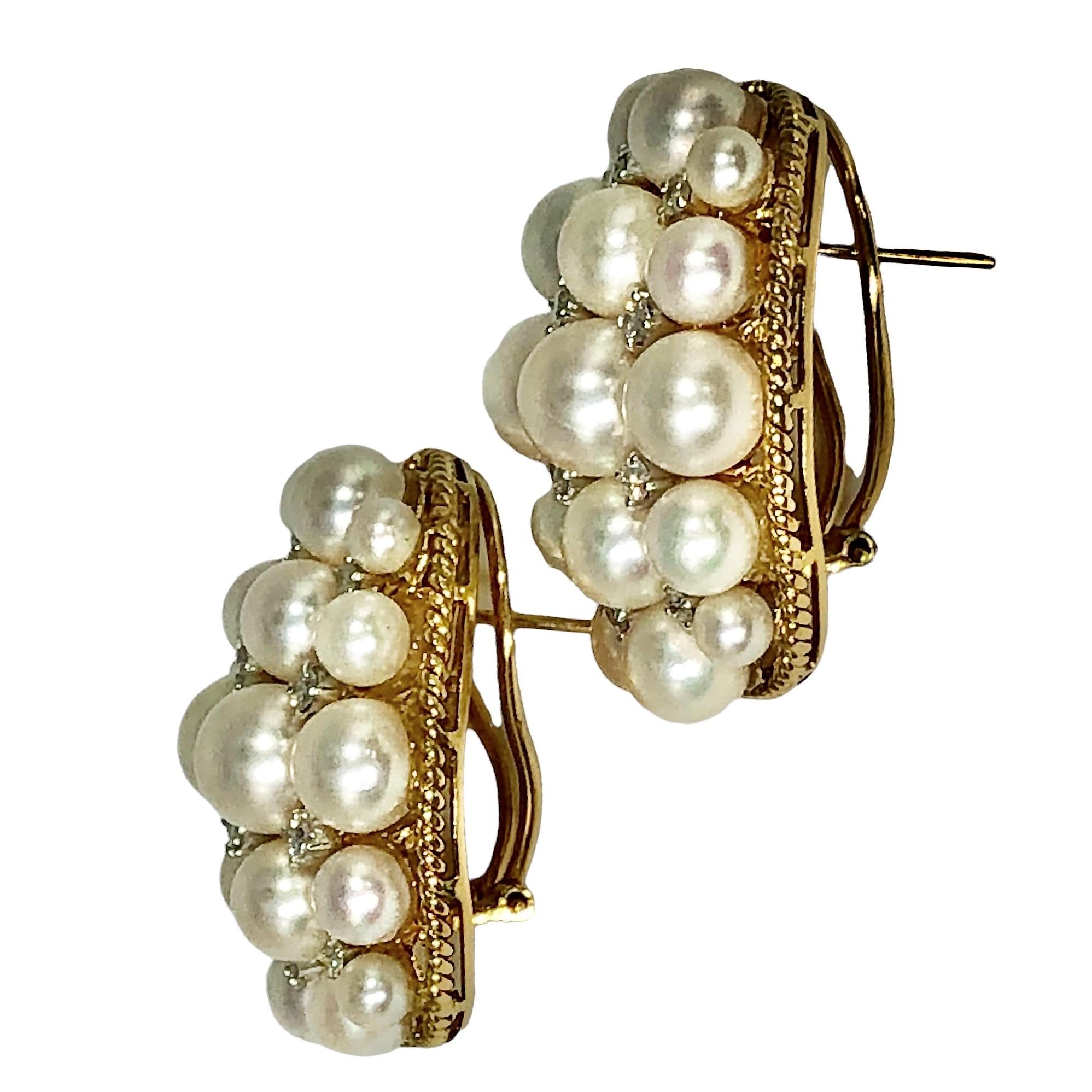 Brilliant Cut 18k Gold Bombe Pearl and Diamond Cocktail Earrings Imported to France For Sale