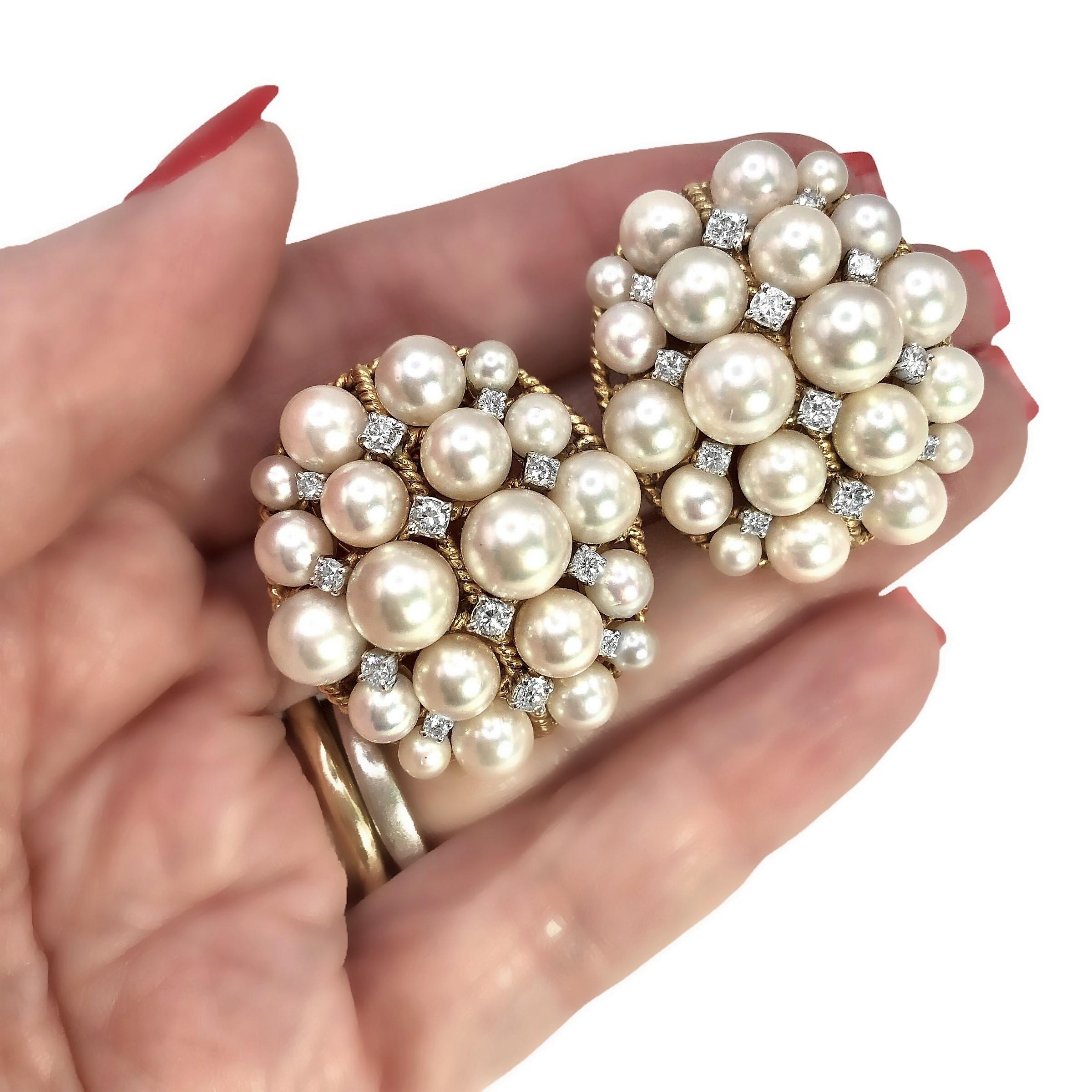 18k Gold Bombe Pearl and Diamond Cocktail Earrings Imported to France In Good Condition For Sale In Palm Beach, FL
