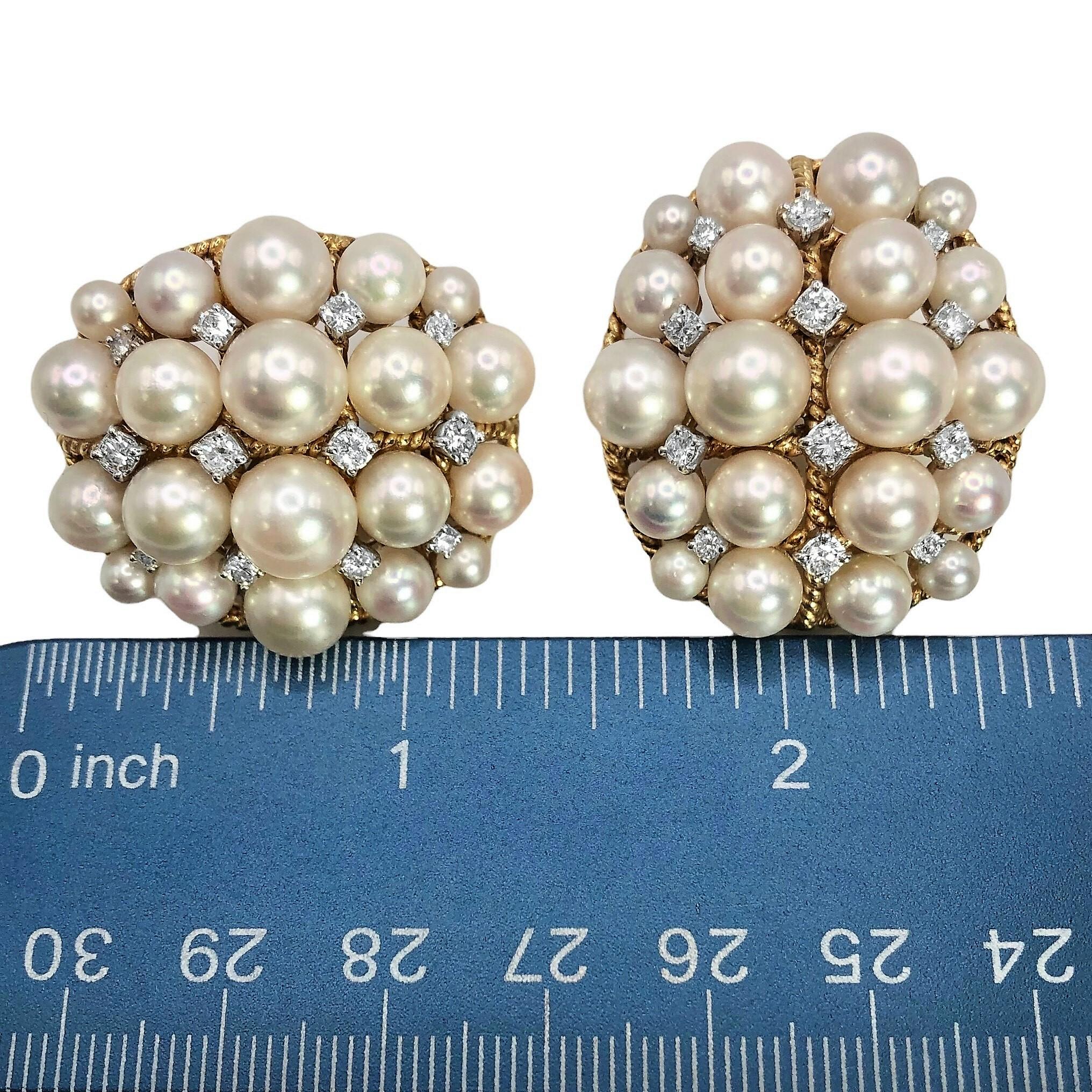 Women's 18k Gold Bombe Pearl and Diamond Cocktail Earrings Imported to France For Sale