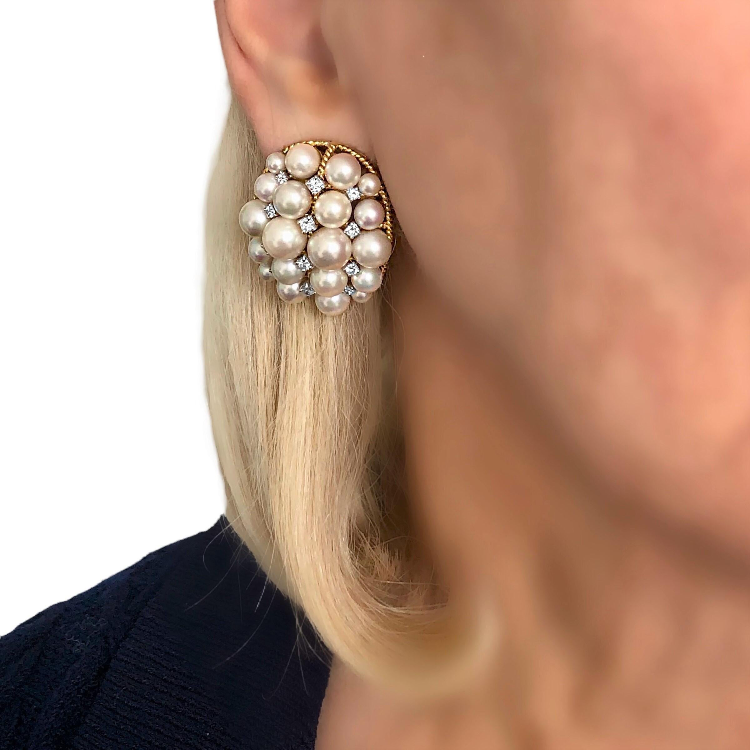 18 Karat Gold Bombe-Perlen- und Diamant-Cocktail-Ohrringe Importiert nach Frankreich im Angebot 1