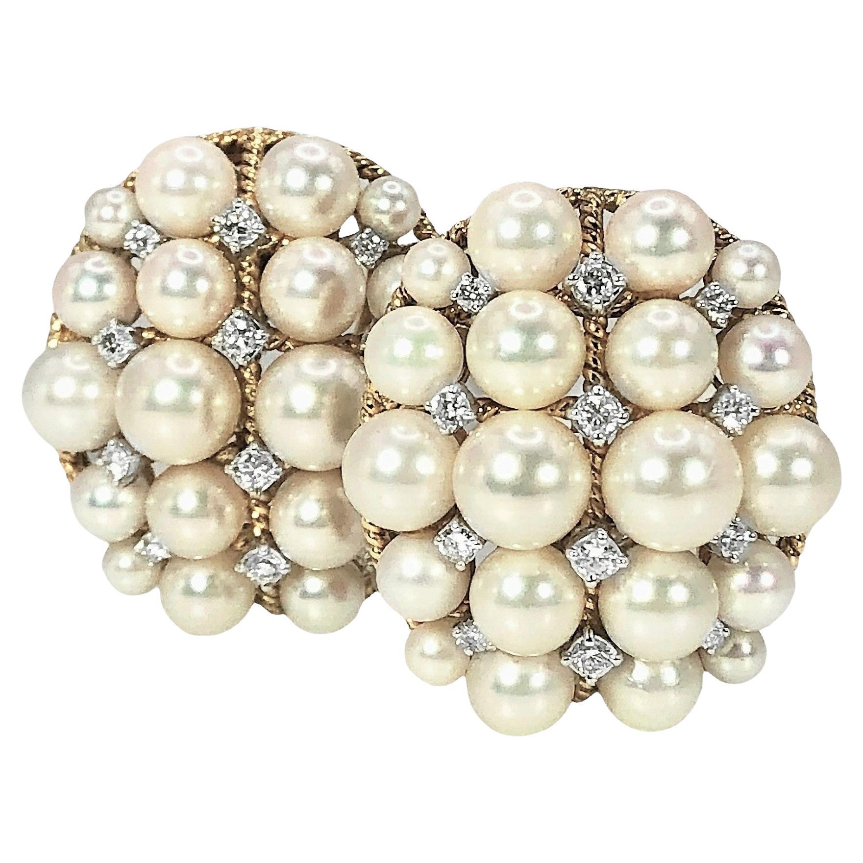 18k Gold Bombe Pearl and Diamond Cocktail Earrings Imported to France
