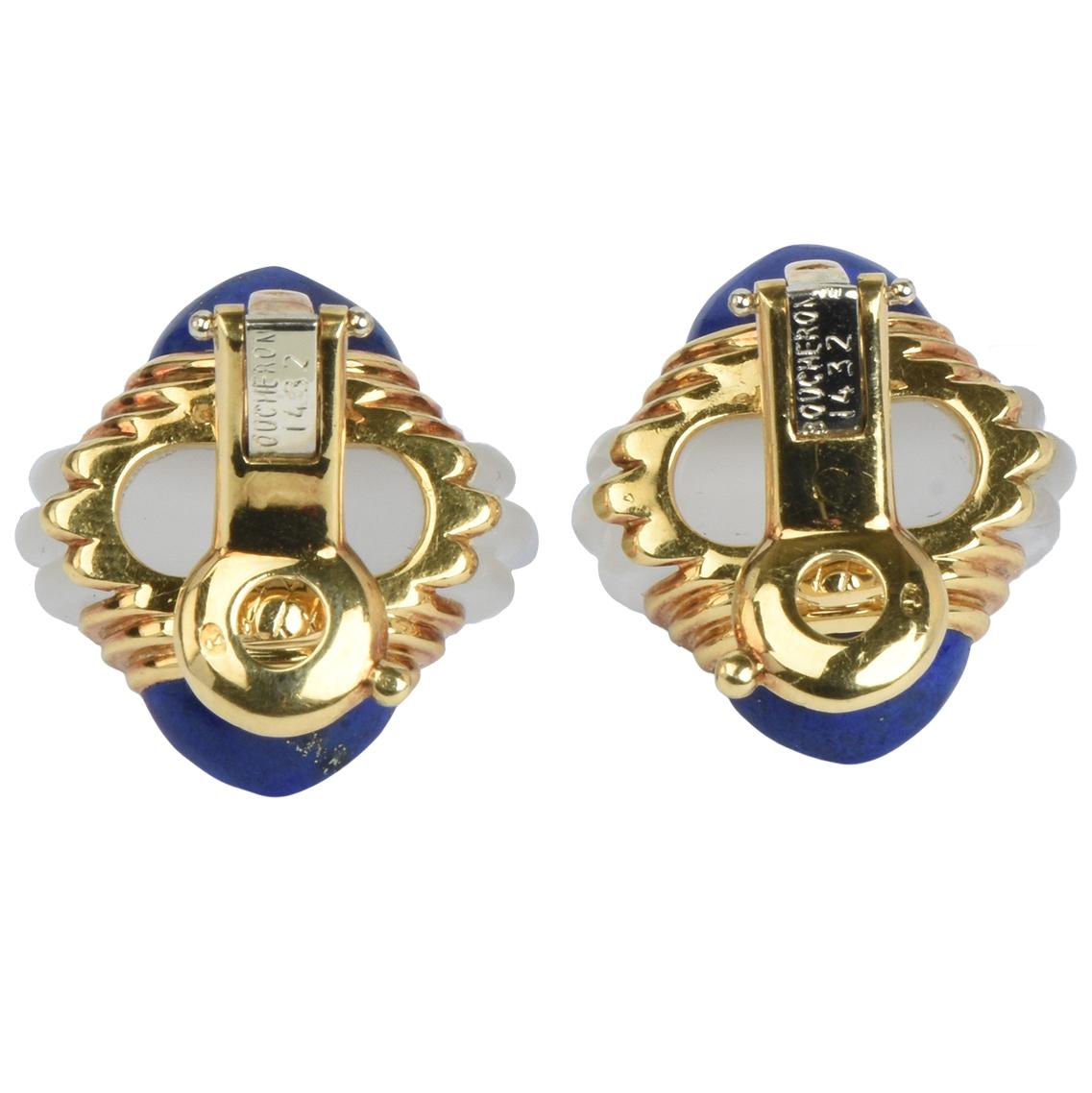 Cabochon 18k Gold Boucheron Clip Earrings with Frosted Crystal & Lapis Lazuli