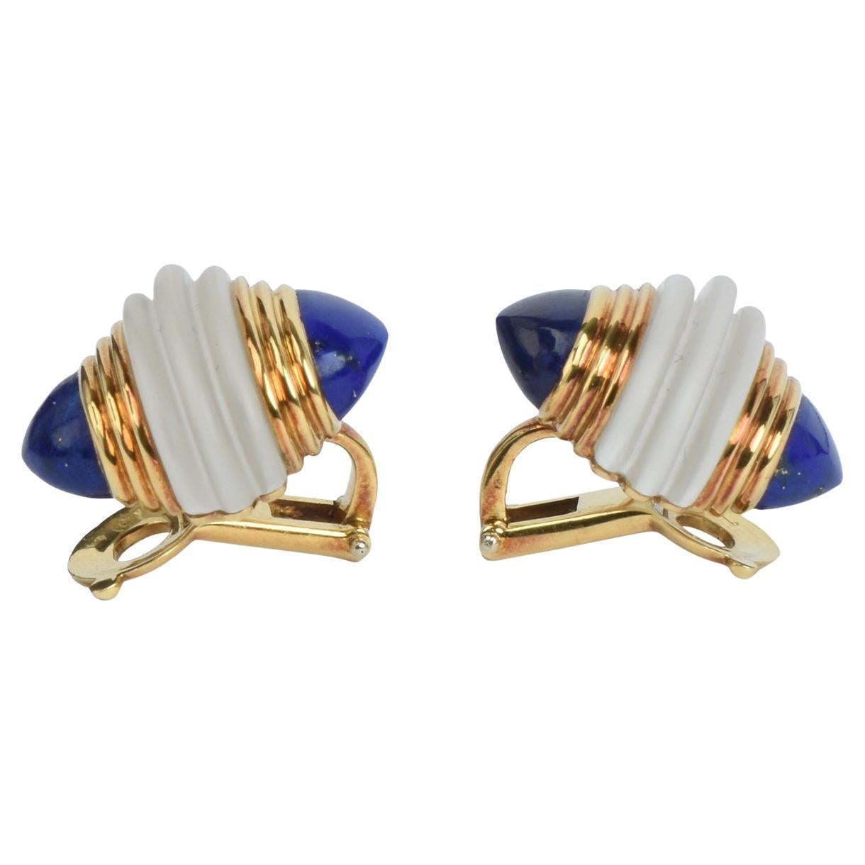 18k Gold Boucheron Clip Earrings with Frosted Crystal & Lapis Lazuli