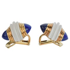 18k Gold Boucheron Clip Earrings with Frosted Crystal & Lapis Lazuli
