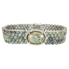 18K Gold Bracelet with Green Tourmaline, Diamond and Abalone - Handmade Unisex