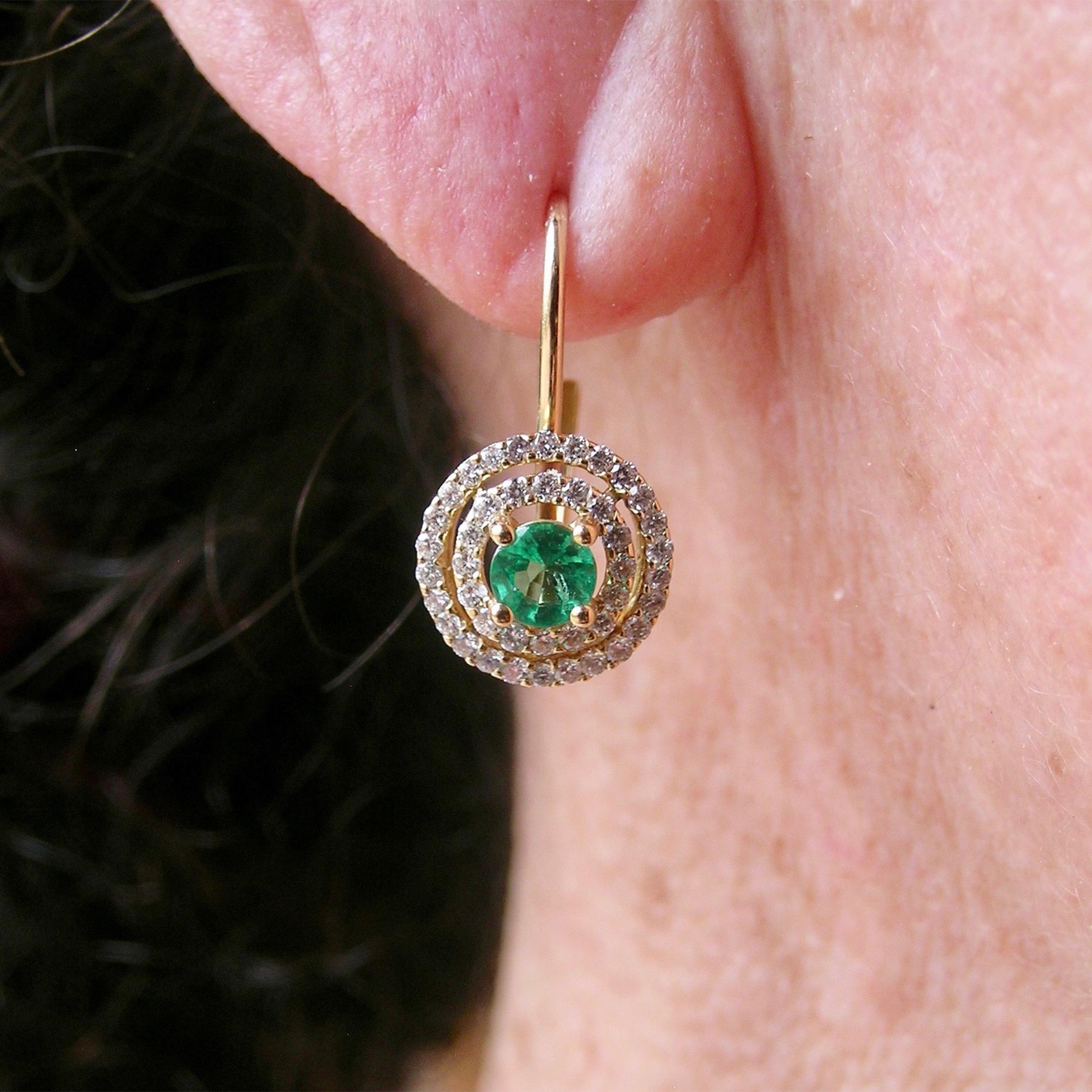 Brilliant Cut 18 Karat Gold, Columbian Emerald and Diamond Earrings For Sale