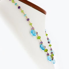 18k Gold Briolette & Faceted Rondelle Multi Colored Gemstone Bead Chain Necklace