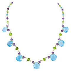 18k Gold Briolette & Faceted Rondelle Multi Colored Gemstone Bead Chain Necklace