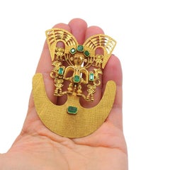 18k Gold Brooch/Pendant Emeralds Pre-Columbian Jewelry