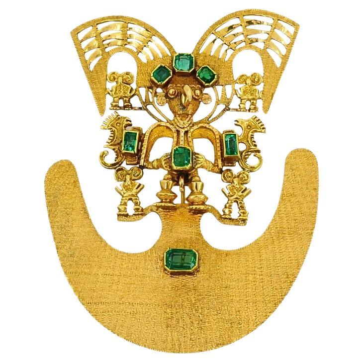 18k Gold Brooch/Pendant Emeralds Pre-Columbian Jewelry