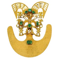 18k Gold Brooch/Pendant Emeralds Pre-Columbian Jewelry
