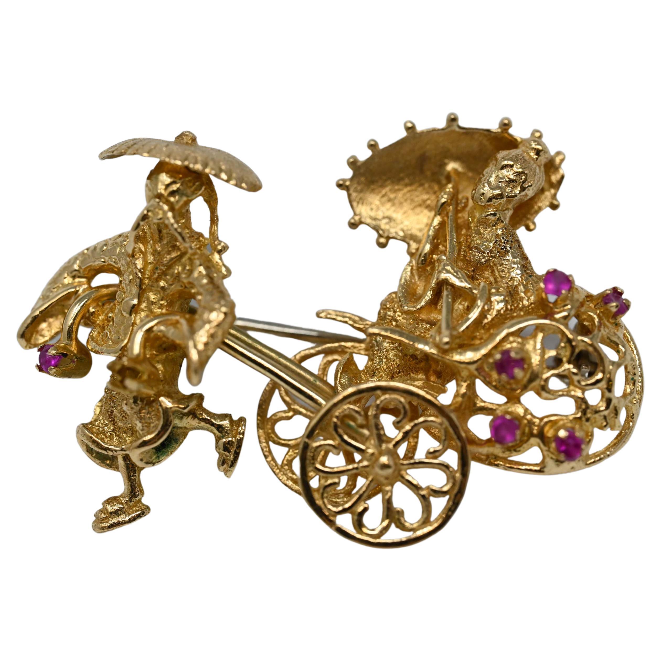 18k Gold Brooch Rickshaw Design with 4 Rubies For Sale