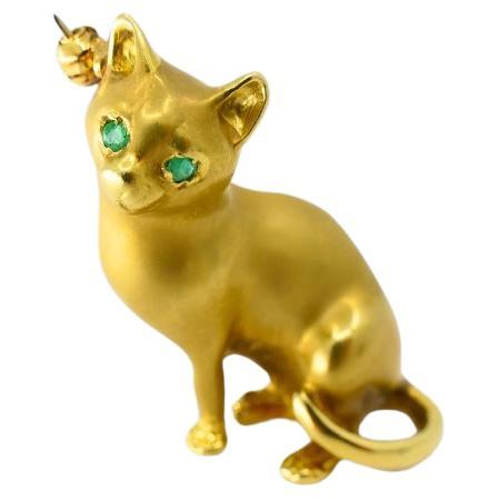 18k Gold Brooch Vintage Cat Pin Gemstones
