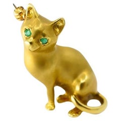 18k Gold Brooch Vintage Cat Pin Gemstones