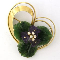 18k Gold Brooch with Amethyst, Jade, and Diamond 0.25ct